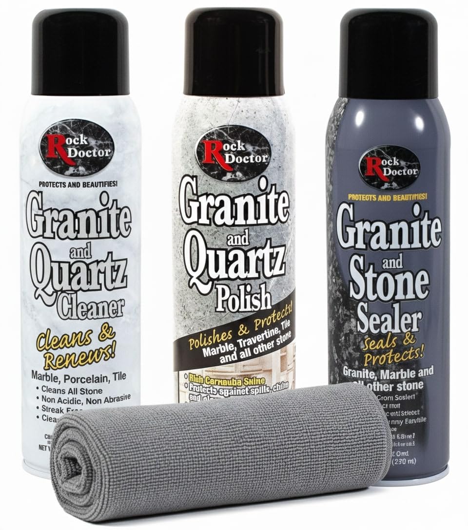Rock Doctor Granite & Quartz Cleaner Care Kit, 3 Piece Maintenance Stone Care Combo Kit – Cleans & Renews Marble, Travertine, Tile, and All Other Stone, Fresh, With Microfiber Cloth