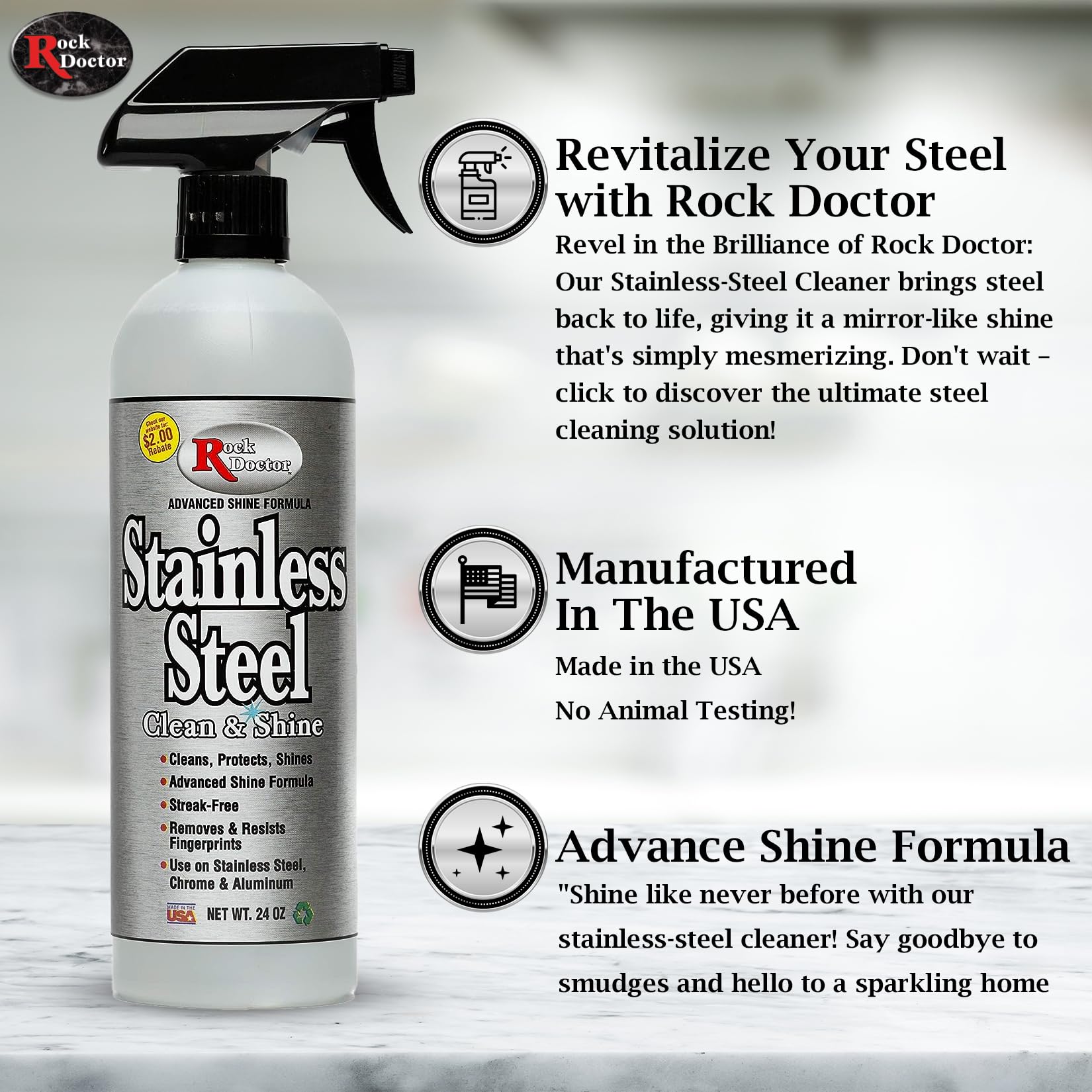 Rock Doctor Stainless Steel Cleaner and Protectant, Streak-Free Cleaning Solution for Chrome and Aluminum Appliances or Surfaces, Smudge Resistant Shine, 24 oz. Spray Bottle (6)