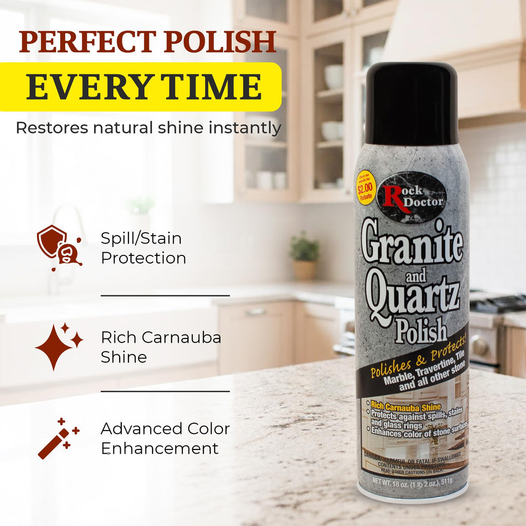 Rock Doctor Granite Polish Spray and Surface,18oz.Can Polish Tile, Marble, Kitchen Countertop, and Natural Stone Surfaces, Radiant Shine