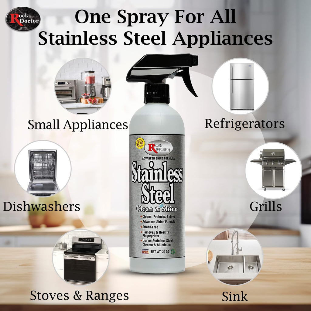 Rock Doctor Stainless Steel Cleaner and Protectant, Streak-Free Cleaning Solution for Chrome and Aluminum Appliances or Surfaces, Smudge Resistant Shine, 24 oz. Spray Bottle (6)