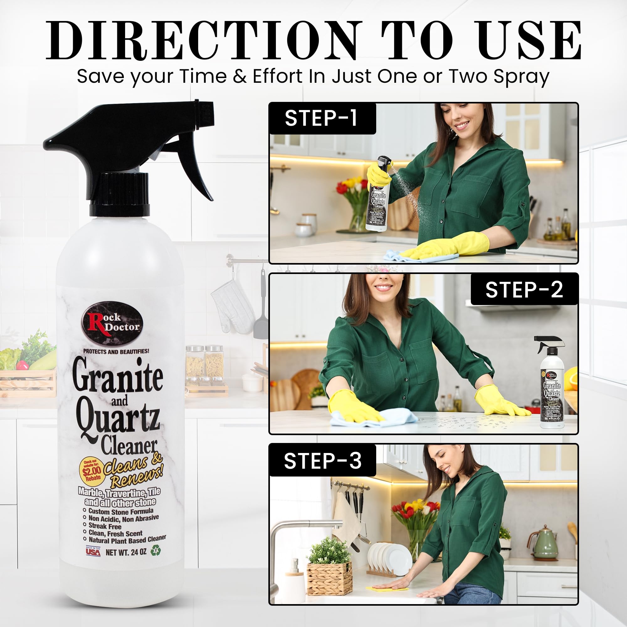 Rock Doctor Granite & Quartz Cleaner Spray 24 oz.Can, Cleans Tile, Marble, Kitchen Countertop, and Natural Stone Surfaces, Streak-Free Shine Pack of 2