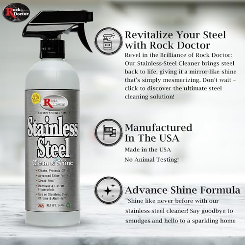 Rock Doctor Stainless Steel Cleaner and Protectant, Streak-Free Cleaning Solution for Chrome and Aluminum Appliances or Surfaces, Smudge Resistant Shine, 24 oz. Spray Bottle (6)