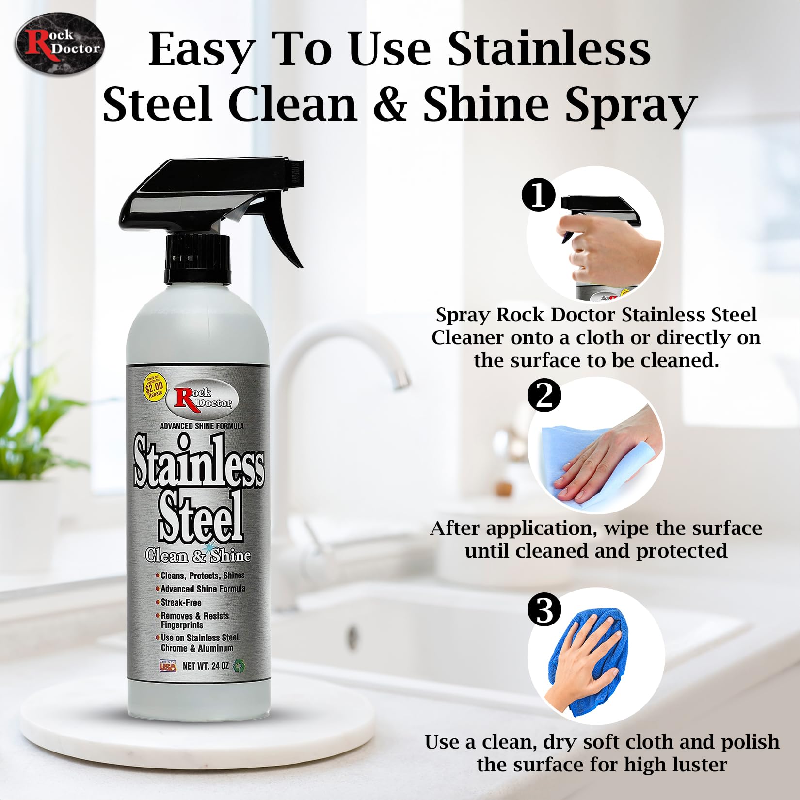 Rock Doctor Stainless Steel Cleaner and Protectant, Streak-Free Cleaning Solution for Chrome and Aluminum Appliances or Surfaces, Smudge Resistant Shine, 24 oz. Spray Bottle (6)
