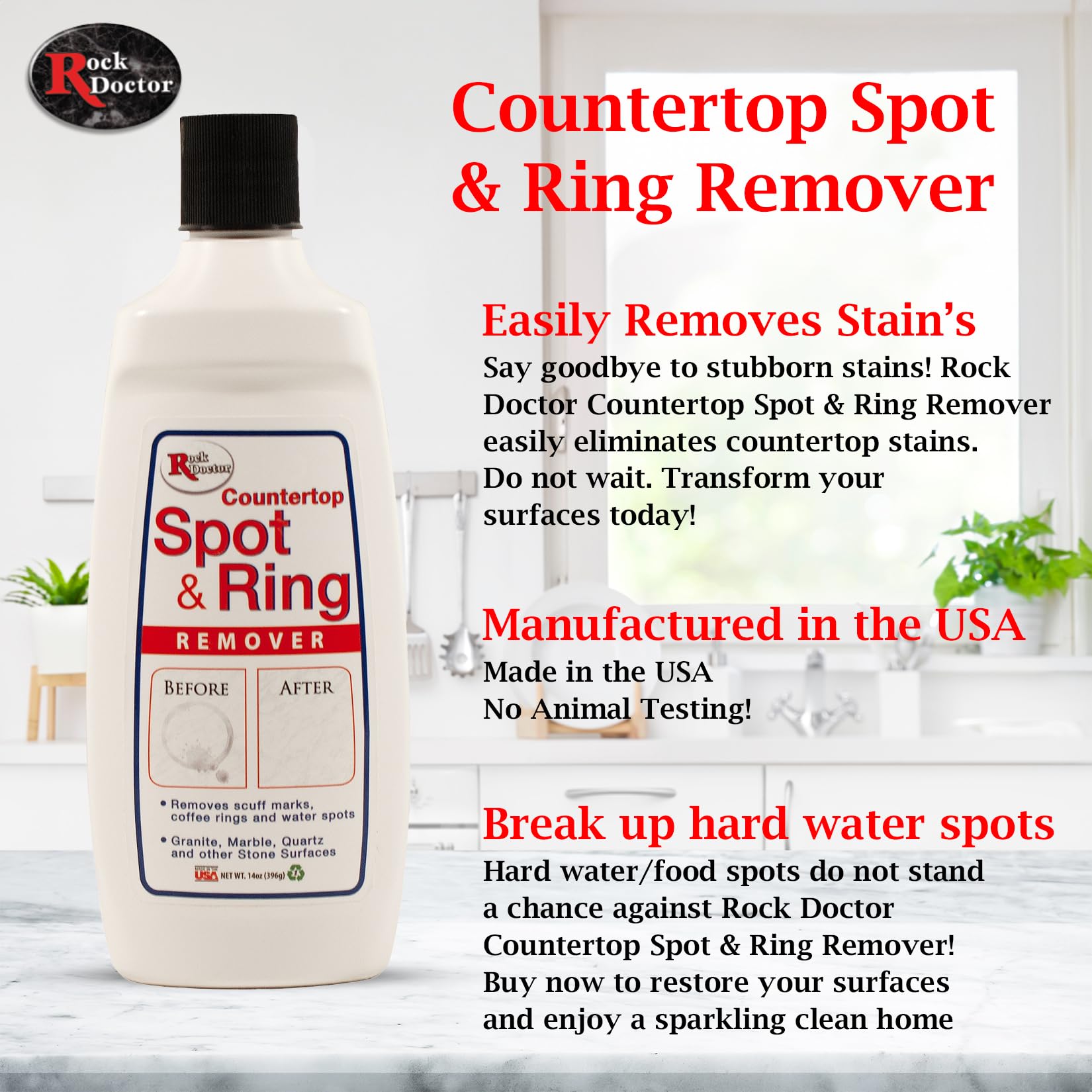 Rock Doctor Spot & Ring Remover, Works on Granite, Marble, Countertop & Quartz, Hard Water Mark & Spot Remover, Remove Coffee & Scuff Mark, 14 oz. Pack of 2