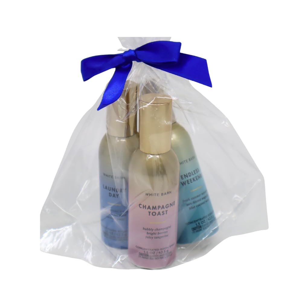 Bath & Body Works LAUNDRY DAY, CHAMPAGNE TOAST, ENDLESS WEEKEND Concentrated Room Spray 3pc bundle Gift Set with a Blue Bow for Holiday 1.5 oz each