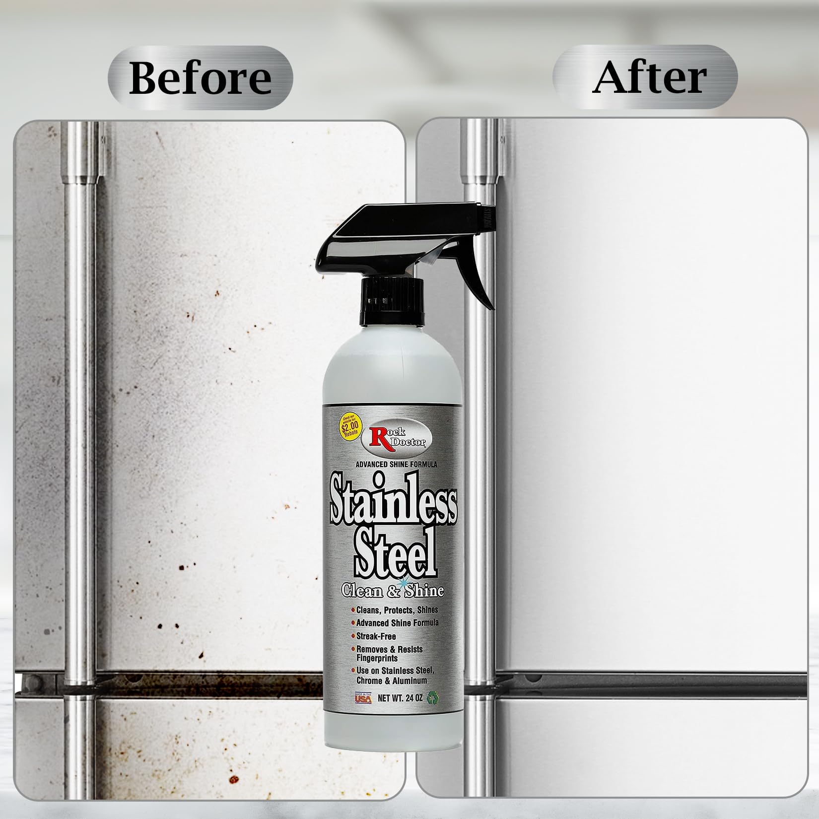 Rock Doctor Stainless Steel Cleaner and Protectant, Streak-Free Cleaning Solution for Chrome and Aluminum Appliances or Surfaces, Smudge Resistant Shine, 24 oz. Spray Bottle (6)