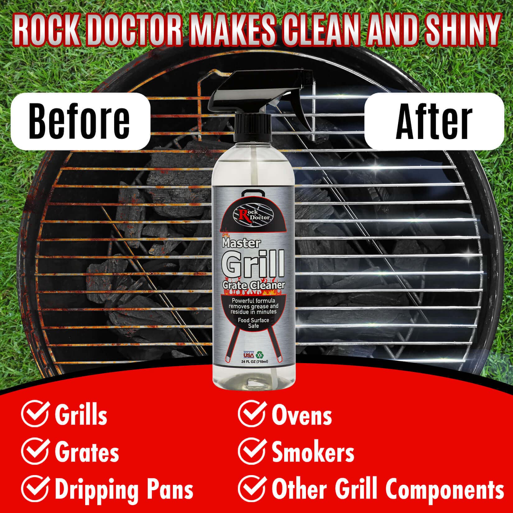 Rock Doctor Master Grill Grate Cleaner, 24 oz. Cleaning Spray for Drip Pans, Oven Grates, Smokers, and Components, Non-Abrasive Liquid Solution Removes Grease