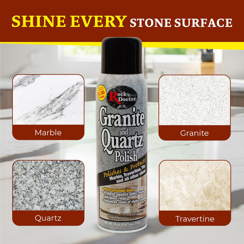 Rock Doctor Granite Polish Spray and Surface,18oz.Can Polish Tile, Marble, Kitchen Countertop, and Natural Stone Surfaces, Radiant Shine