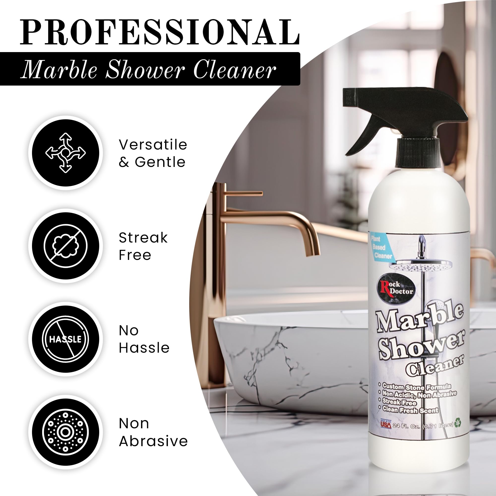 Rock Doctor Granite & Quartz Marble Shower Cleaner Spray, Shower & Tile Cleaner, Soap and Scum Remover, Works on Ceramic Tile, Hard Water Stain Remover, 24.oz Pack of 1