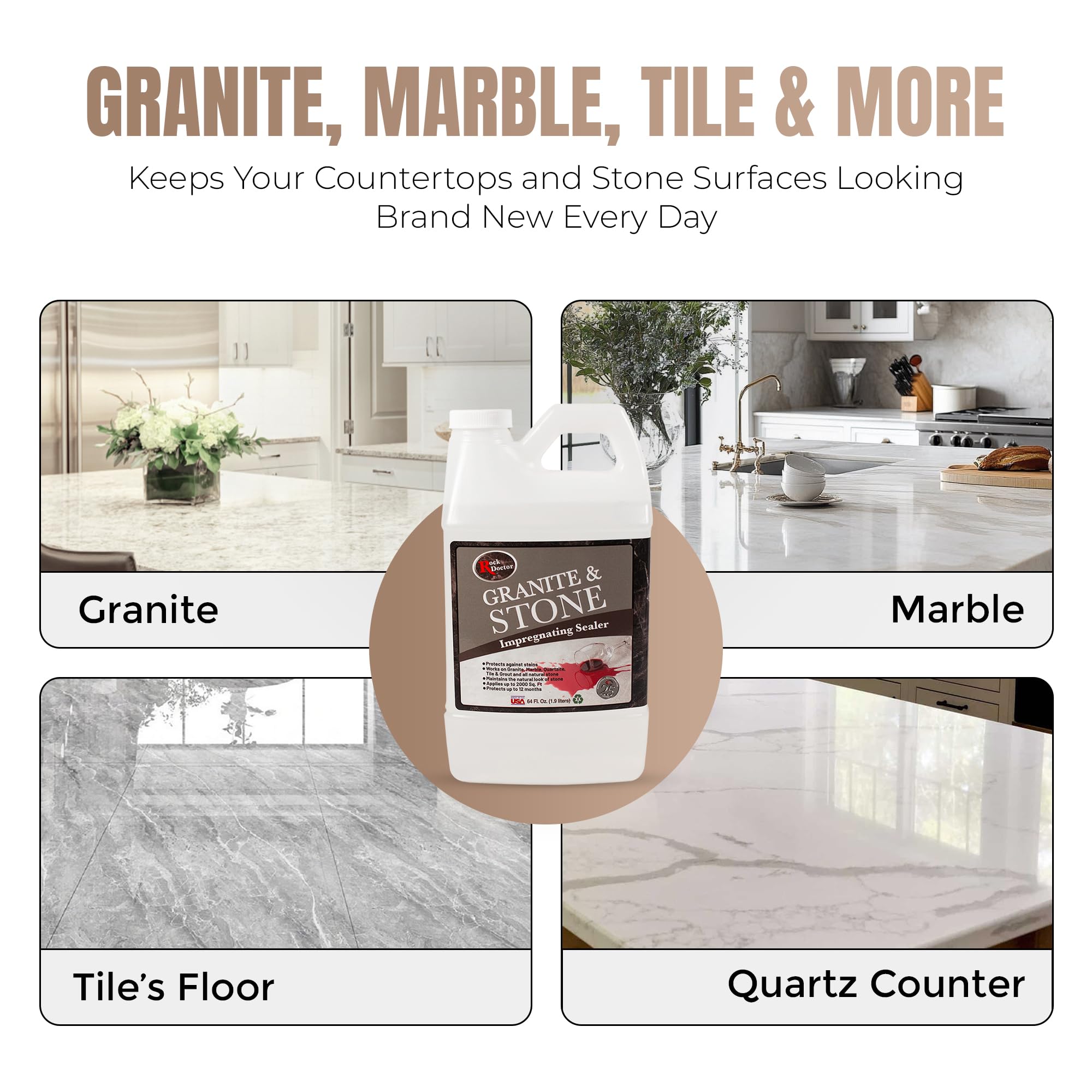 Rock Doctor Granite & Stone Impregnating Sealer – 64 oz | Stain Protection for Granite, Marble, Quartzite, Tile, Grout & Natural Stone | Covers 2000 Sq Ft | Indoor/Outdoor Use | Made in USA
