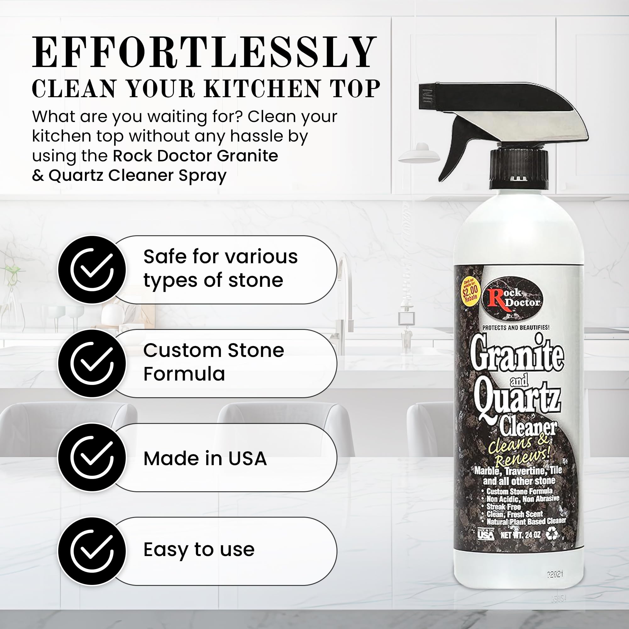 Rock Doctor Granite and Quartz Cleaner kit 64oz and 24oz. Cleans Tile, Marble, Kitchen Countertop, and Natural Stone Surfaces, Streak-Free Shine