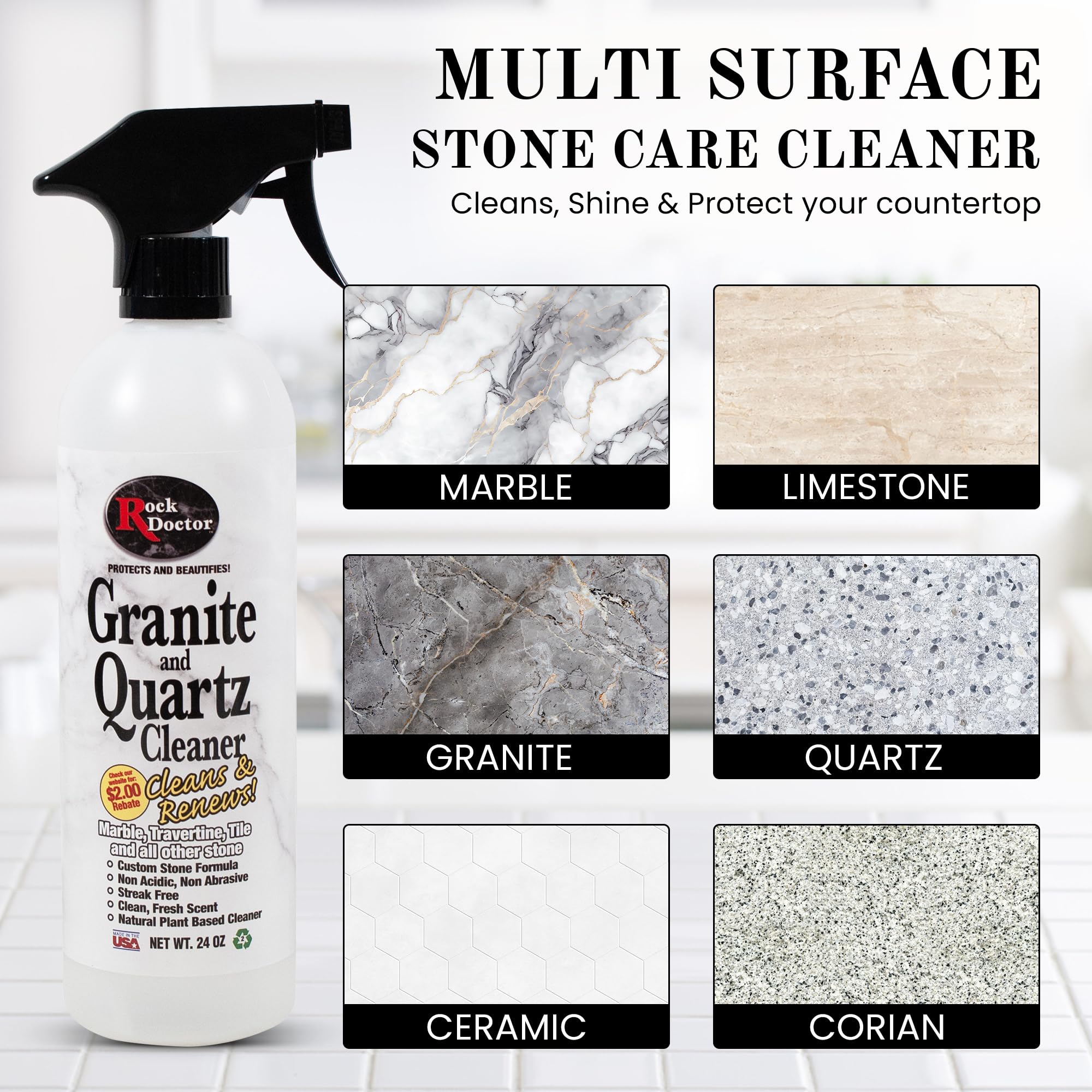 Rock Doctor Granite & Quartz Cleaner Spray 24 oz.Can, Cleans Tile, Marble, Kitchen Countertop, and Natural Stone Surfaces, Streak-Free Shine Pack of 2