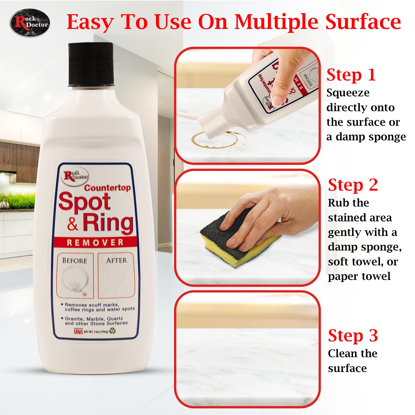 Rock Doctor Spot & Ring Remover, Works on Granite, Marble, Countertop & Quartz, Hard Water Mark & Spot Remover, Remove Coffee & Scuff Mark, 14 oz. Pack of 2