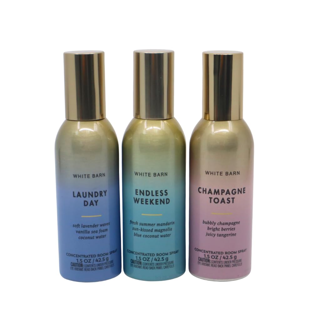 Bath & Body Works LAUNDRY DAY, CHAMPAGNE TOAST, ENDLESS WEEKEND Concentrated Room Spray 3pc bundle Gift Set with a Blue Bow for Holiday 1.5 oz each