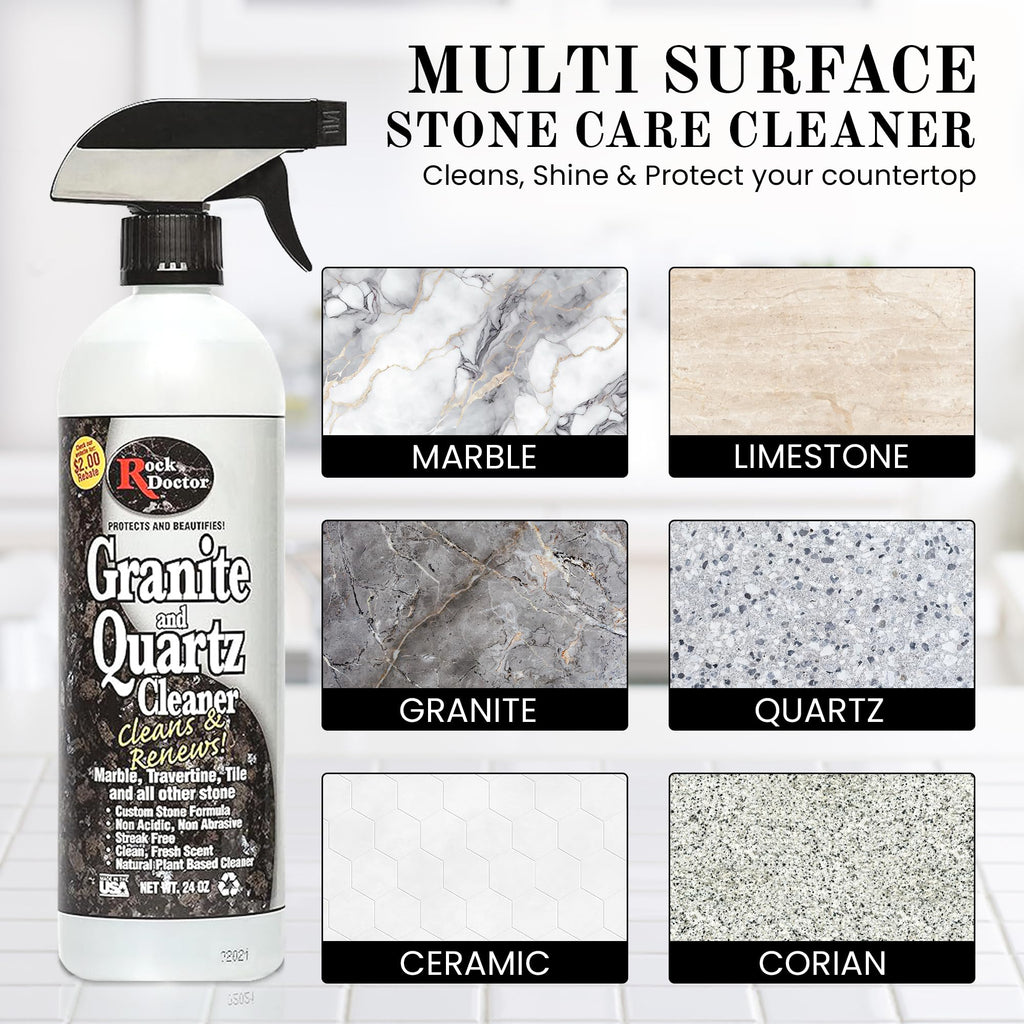 Rock Doctor Granite and Quartz Cleaner kit 64oz and 24oz. Cleans Tile, Marble, Kitchen Countertop, and Natural Stone Surfaces, Streak-Free Shine