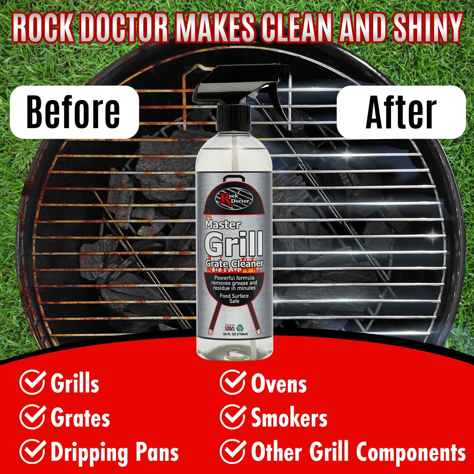 Rock Doctor Grill & Grate Cleaner 24oz. 2-Pk Food Surface Safe, Powerful Foaming Action, No Fumes, Fast Acting Formula Removes Grease, Grime