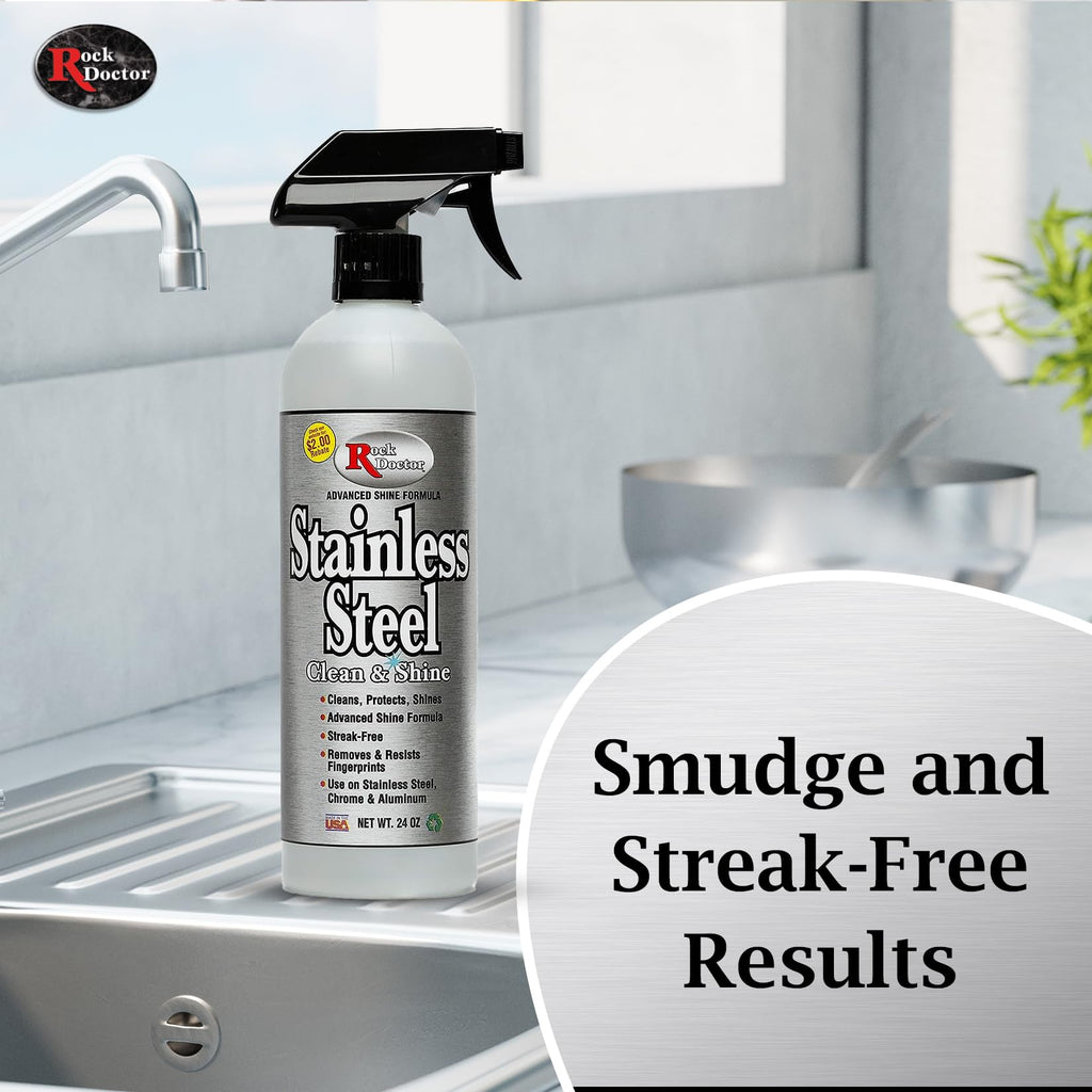 Rock Doctor Stainless Steel Cleaner and Protectant, Streak-Free Cleaning Solution for Chrome and Aluminum Appliances or Surfaces, Smudge Resistant Shine, 24 oz. Spray Bottle (6)