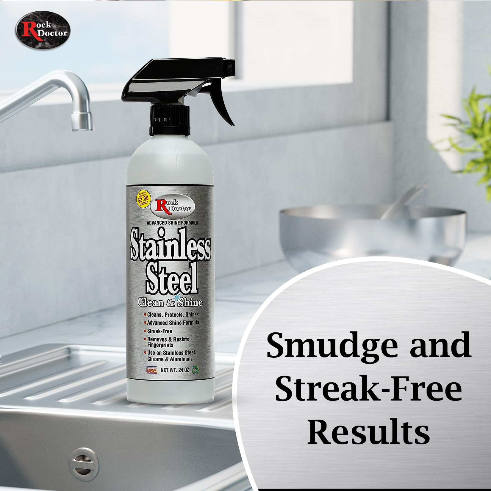 Rock Doctor Stainless Steel Cleaner and Protectant, Streak-Free Cleaning Solution for Chrome and Aluminum Appliances or Surfaces, Smudge Resistant Shine, 24 oz. Spray Bottle (6)