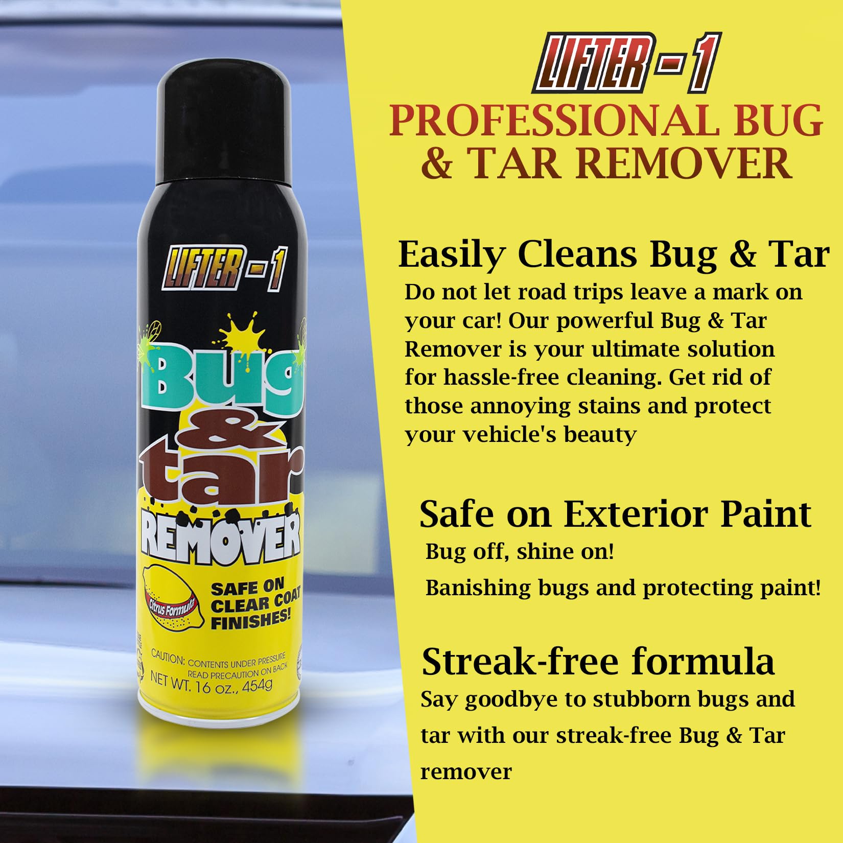LIFTER-1 Bug and Tar Remover for Cars, Trucks, RVs, and SUVs, Fresh Citrus Spray for Stuck On Grime, Clean Auto Detailing Accessory, Streak Free Shine, Safe on Exterior Paint